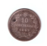 Moneda Italia 10 centesimi 1862, fara litera, circulata, uzata