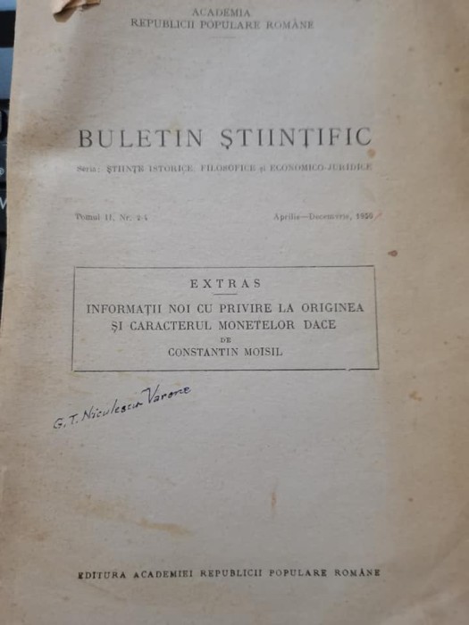 1950 Cu privire la originea si caracterul monetelor dace Constanti Moisil extras