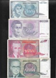 Set Iugoslavia 100 + 500 + 1000 + 5000 dinari dinara 1992 F-VF pret pe set, Europa