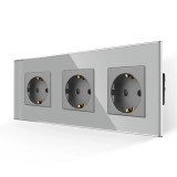 Priza schuko tripla Luxion LX-3MP010G-GY, incastrat, contact de protectie, rama din sticla inclusa, gri