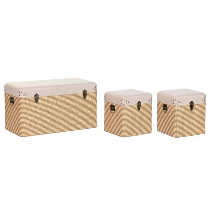 Set de Cufere Home ESPRIT Bej Natural Poliester Lemn Tradiţional 80 x 40 x 44 cm (3 Unități)