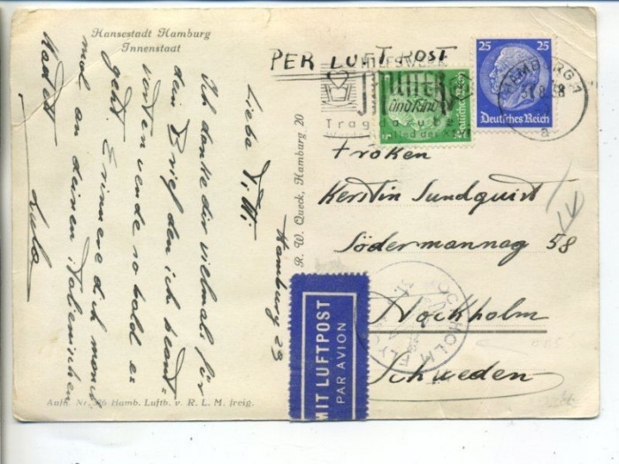 Germany REICH 1938 Air mail postcard postal stationery to Sweden DB.149