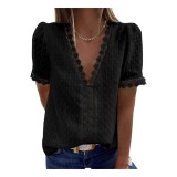 Bluză de damă Boho cu dantelă, tricou elegant, bluze de primăvară-vară cu decolteu &icirc;n V, tunici, mărime S-XXL
