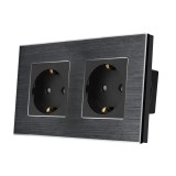 Priza schuko dubla Luxion LX-2MP010A-B, incastrat, contact de protectie, rama din aluminiu inclusa, negru