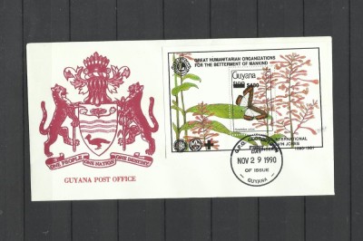 GUYANA 1991 FAUNA INSECTE FLUTURI SUPRATIPAR LION SCOUTING FDC foto