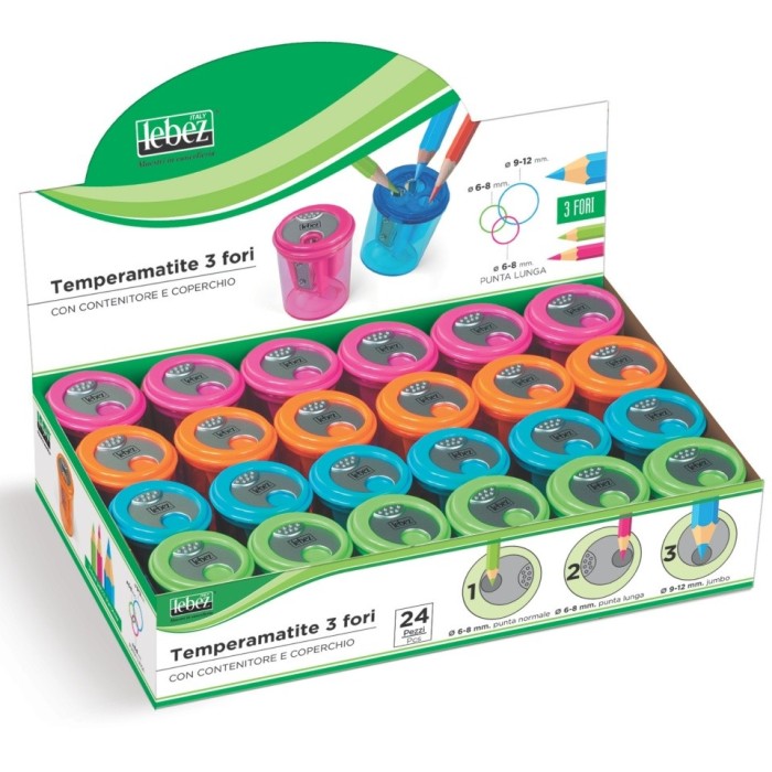 Ascutitoare de creion cu 3 gauri si container transparent, 4 culori (24