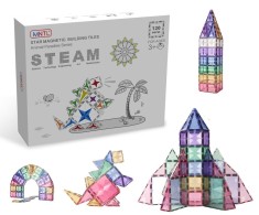 Set de constructie magnetic, 120 piese, Magnetic Tiles, pastel de forme geometrice diferite, 2D, 3D