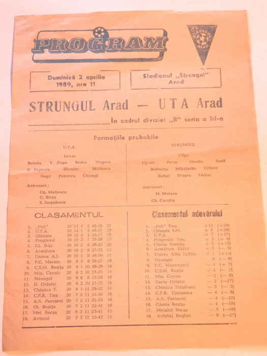 Program meci fotbal &quot;STRUNGUL&quot; ARAD - UTA ARAD (02.04.1989)