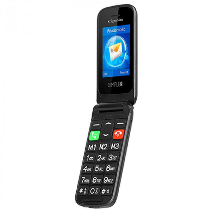 Telefon cu clapeta pentru seniori Simple 930 Kruger Matz, 2 display-uri, statie incarcare, Negru