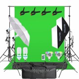 Cumpara ieftin Kit de studio complet 4 trepiezi 200cm, 2 becuri 150w 5500k, 2 becuri led 50w RGB cu telecomanda, 2 softboxuri, 2 umbrele fundal verde si 2 genti de t