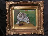 Arta / design / vintage - Tablou goblen / cusatura pisica cu radasca in rama de lemn !