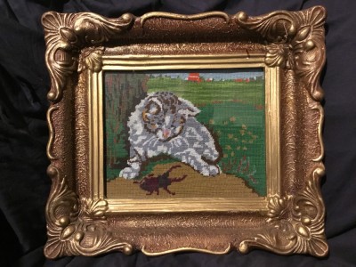 arta / design / vintage - Tablou goblen / cusatura pisica cu radasca in rama de lemn ! foto