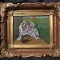 arta / design / vintage - Tablou goblen / cusatura pisica cu radasca in rama de lemn !