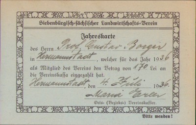 HST A1889 Carte membru Siebenburgisch-sachsischer Landwirtschafts-Verein Sibiu foto