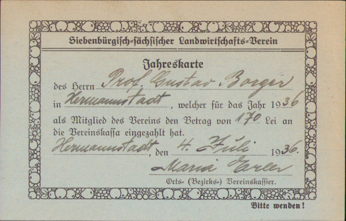 HST A1889 Carte membru Siebenburgisch-sachsischer Landwirtschafts-Verein Sibiu