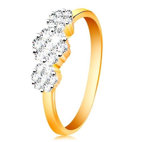 Inel din aur 585 - trei flori strălucitoare compuse din zirconii transparente, brațe subțiri lucioase - Marime inel: 54