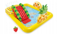Piscina Gonflabila Intex Fruity, pentru Copii, cu tobogan, 6 bile si o capsuna, 244x191x91 cm foto