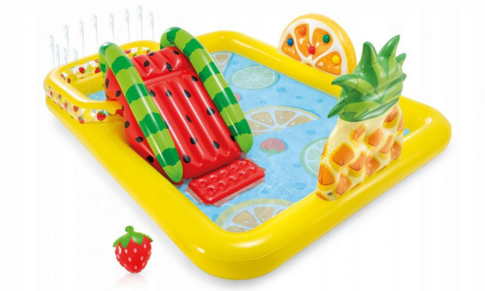 Piscina Gonflabila Intex Fruity, pentru Copii, cu tobogan, 6 bile si o capsuna, 244x191x91 cm