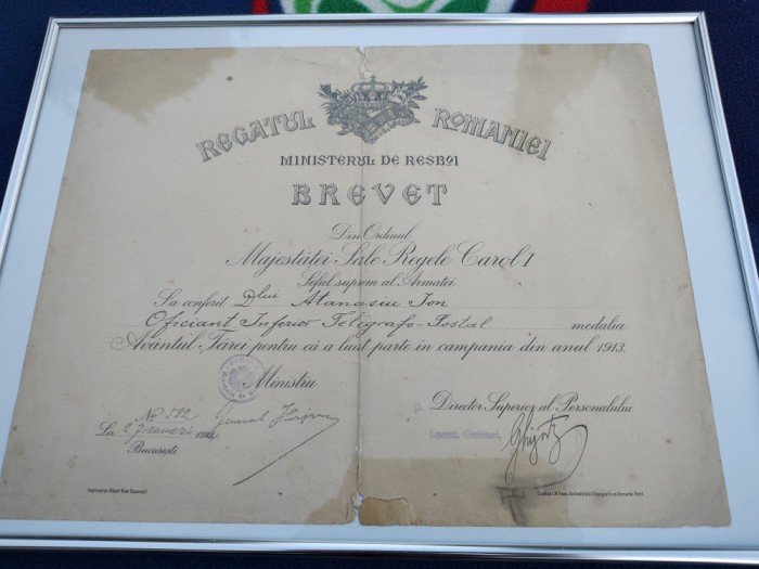 Regalitate,BREVET EMIS DE REGELE CAROL I , LA 1 ianuarie 1913, Ministerul de Resboiu ,