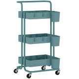 HOMCOM Cărucior cu 3 nivele etajeră cu 4 c&acirc;rlige și 3 cutii suspendate amovibile pentru 42 x 38 x 86,5 cm albastru-verzui | Aosom Romania
