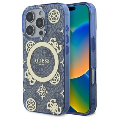 Husa iPhone 16 Pro originala Guess IML Peony On 4G Background MagSafe, albastru, GUHMP16LH4PYEEB foto