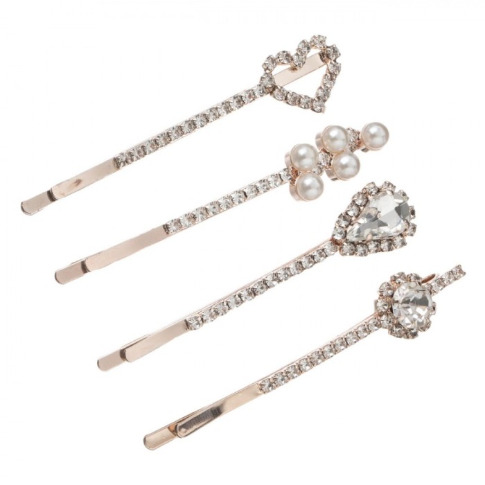 Set Agrafe Păr, Model Floare, Inimă și Oval, Culoare Roz Aurie, 4 Bucăți