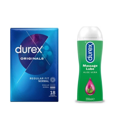 Pachet Durex Prezervative Originals 18 bucati + lubrifiant gel masaj 200 ml foto