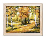 Tablou inramat pictat manual peisaj din padure, 55x45cm rama natur, ulei pe panza, Constantin Feraru