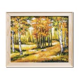 Tablou inramat pictat manual peisaj din padure, 55x45cm rama natur, ulei pe panza, Constantin Feraru