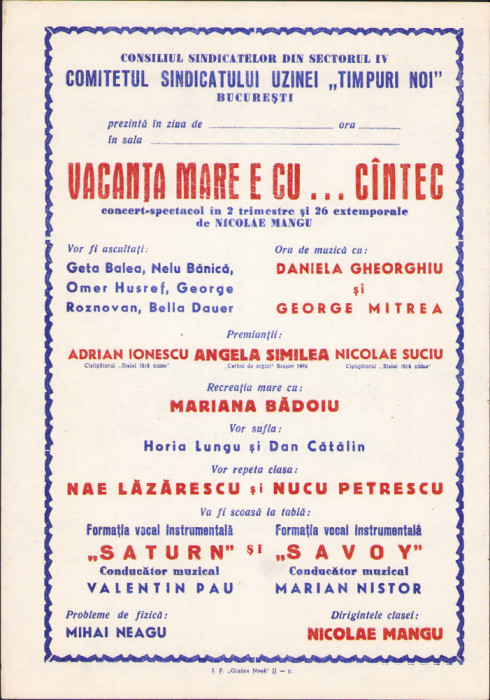 HST A455 Afiș concert Angela Similea Nae Lăzărescu Savoy Rom&acirc;nia comunistă
