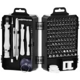 Set surubelnite de precizie, cu 117 piese, din otel, cu cutie din plastic, cu husa de depozitare, argintiu