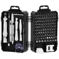 Set surubelnite de precizie, cu 117 piese, din otel, cu cutie din plastic, cu husa de depozitare, argintiu
