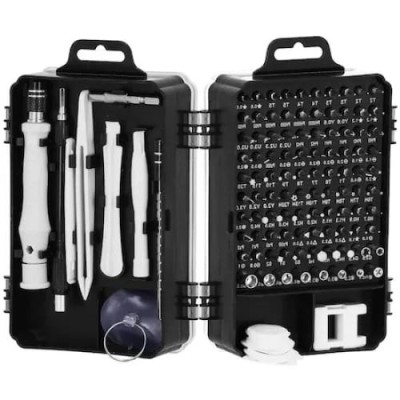 Set surubelnite de precizie, cu 117 piese, din otel, cu cutie din plastic, cu husa de depozitare, argintiu foto