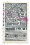 Timbru fiscal - Fondul Aviatiei, 2 L, 1936 - obliterat prin perforare