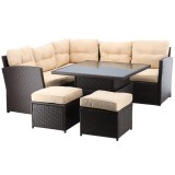 Set mobilier gradina/terasa, poliratan, maro si crem, 1 masa, 2 tabureti, 1 canapea colt, Chomik, Cassy