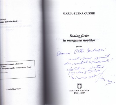AS - MARIA - ELENA CUSNIR-DIALOG FICTIV LA MARGINEA NOPTILOR(DEDICATIE+AUTOGRAF) foto