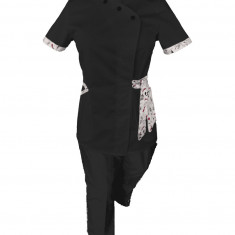 Costum Medical Pe Stil, Negru cu Elastan cu Garnitură, Model Andreea - M, M
