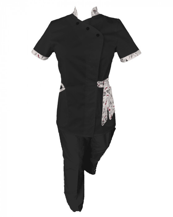 Costum Medical Pe Stil, Negru cu Elastan cu Garnitură, Model Andreea - M, S