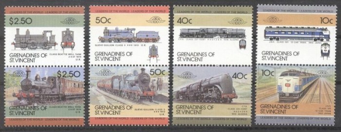 St. Vincent Grenadines 1985 Trains, Railways, 4 pair, MNH AL.084