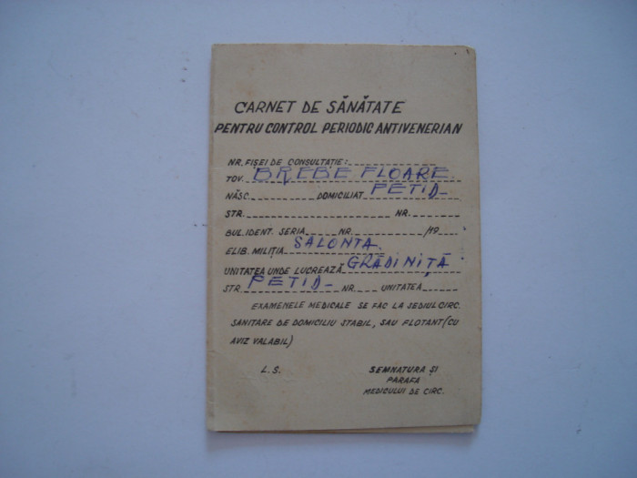 Carnet de sanatate pentru control periodic antivenerian, 1972