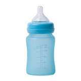 Biberon termo din sticla acoperita de silicon cu indicator de temperatura Bo Jungle 150 ml albastru