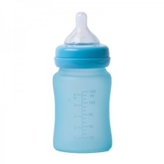 Biberon termo din sticla acoperita de silicon cu indicator de temperatura Bo Jungle 150 ml albastru foto