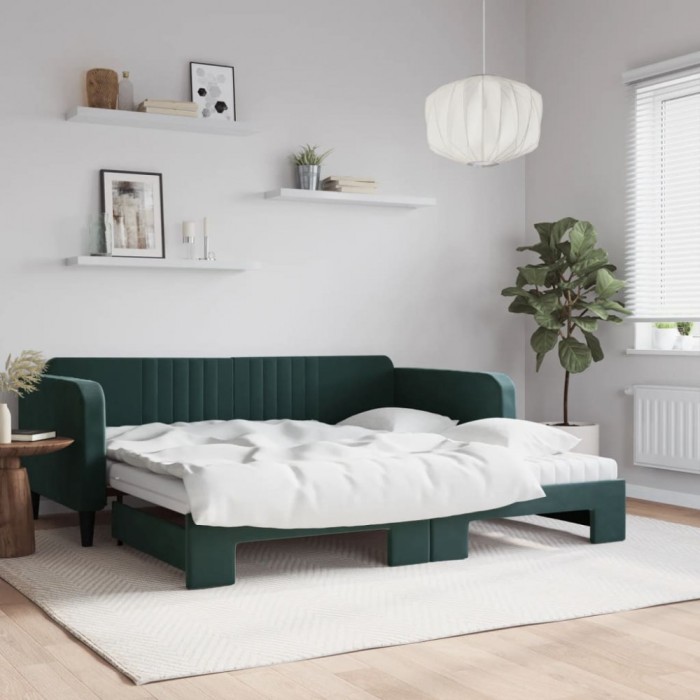 vidaXL Pat de zi cu extensie și saltele verde &icirc;nchis 100x200cm catifea 3197096