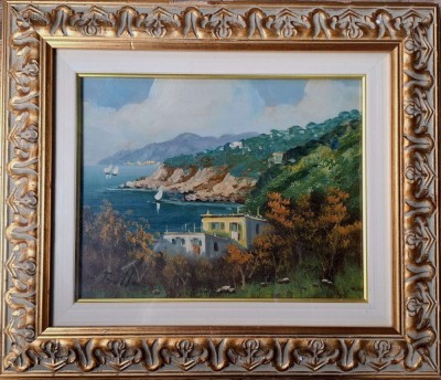 Peisaj mediteranean, semnat indescifrabil, pictură &amp;icirc;n ulei, &amp;icirc;nrămare frumoasă foto