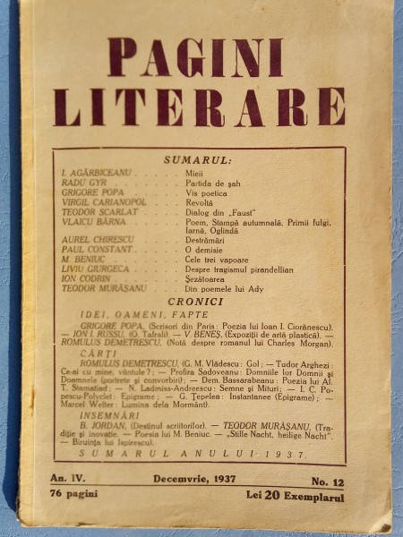 Revista Pagini literare nr.12/decembrie 1937