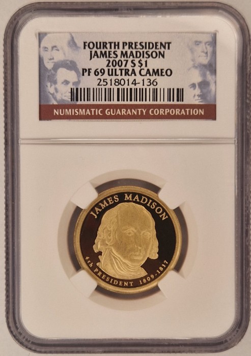 United States, SUA, Statele Unite, 1 Dollar 2007 James Madison PF69 Ultra Cameo