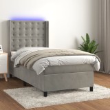 Gossi pat cu arcuri, saltea si led, gri deschis, 90x190 cm, catifea