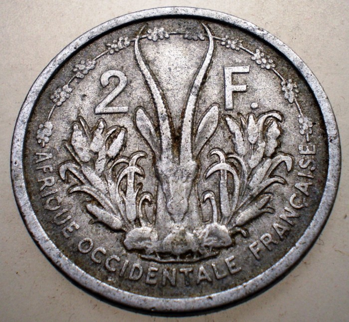 7.488 FRENCH WEST AFRICA DE VEST COLONIE FRANCEZA 2 FRANCS FRANCI 1948