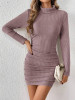 Rochie mini din tricot, cu guler inalt si maneca lunga, roz, dama, Shein