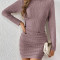 Rochie mini din tricot, cu guler inalt si maneca lunga, roz, dama, Shein